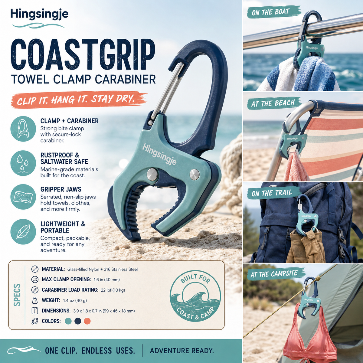 Hingsingje™ CoastGrip Towel Clamp Carabiner